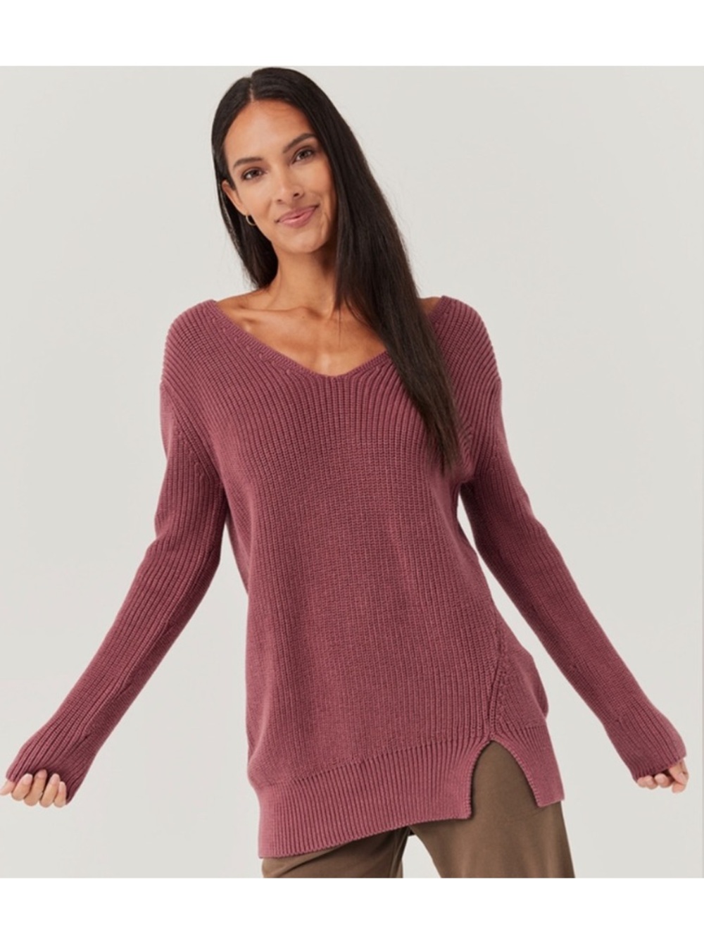 Pact Organic Cotton V Neck Side Slit Sweater Dark Mauve Pink